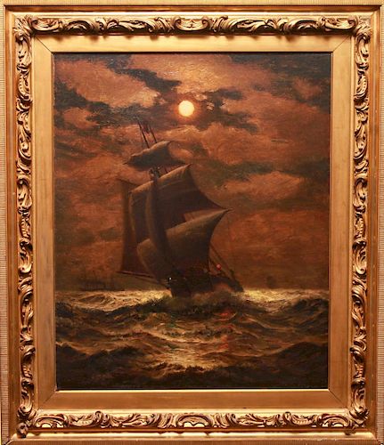 James G. Tyler Sailing Ship on Moonlit Water Oil