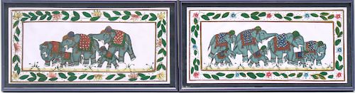 Indian Rajasthani "Elephants" Painting on Silk, 2