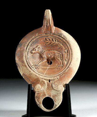 Roman Pottery Oil Lamp with Dog / Wolf