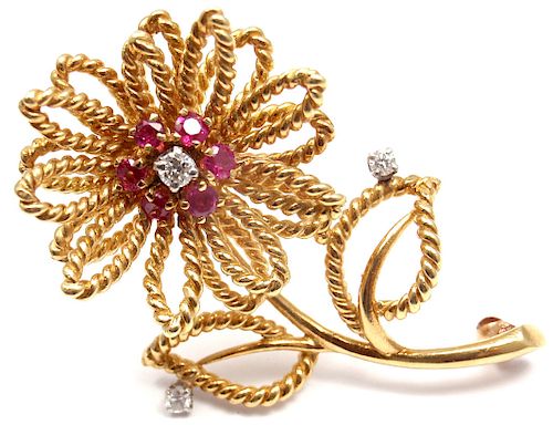Tiffany & Co 14k Yellow Gold Diamond Ruby Flower Brooch