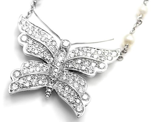 Tiffany & Co Platinum Diamond Pearl Butterfly Pendant