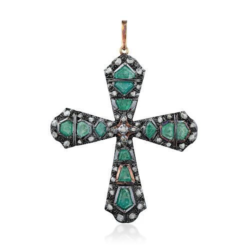 Antique Emerald and Diamond Large Cross Pendant
