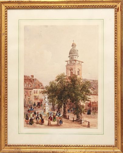 French Village Scene, 19th C. Watercolor on Paper