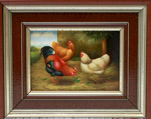 "Rooster & Two Hens / Chickens" Oil on Wood Panel