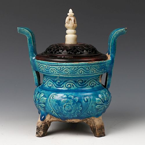 CHINESE BLUE GLAZED CENSER W/ JADE HANDLE COVER, MING