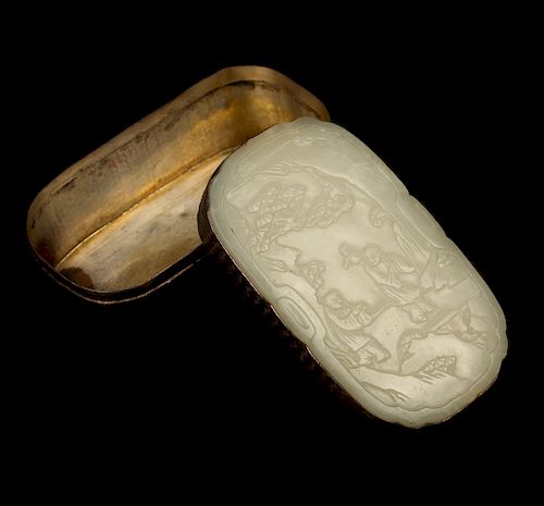 CELADON JADE-INSET METAL BOX AND COVER, QING