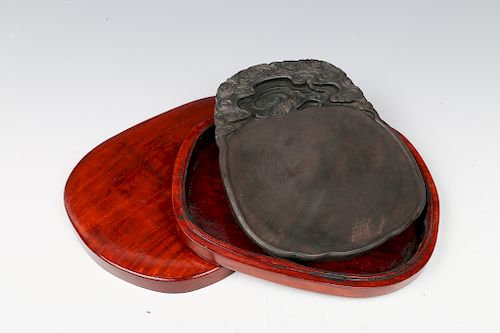 CHINESE INKSTONE WITH HARDWOOD BOX AND COVER