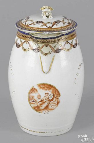 Chinese export porcelain cider jug and cover, ca. 1800, decorated with an oval vignette of a sheph
