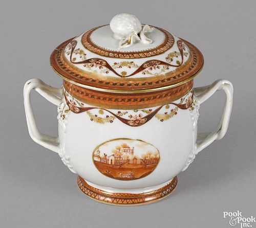 Chinese export porcelain covered sugar, early 19th c., both sides with vignettes in orange of a co