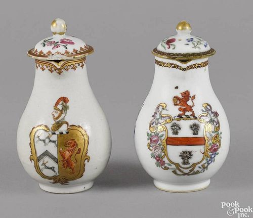 Two Chinese export porcelain cream pitchers and covers, late 18th c., each with armorial decoratio