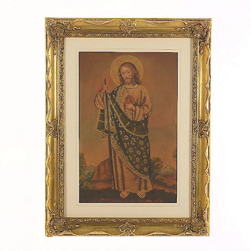 Anónimo. San Judas Tadeo. Óleo sobre tela. Enmarcado en madera dorada.
