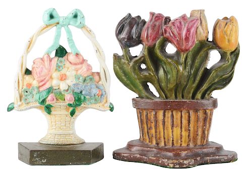 Lot of 2: Cast Iron Tulips & Mixed Flowers in Basket Doorstops. 