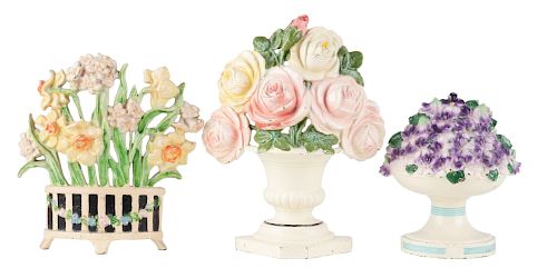 Lot of 3: Cast Iron Violet Bowl, Narcissus & Roses in Urn Flower Doorstops.