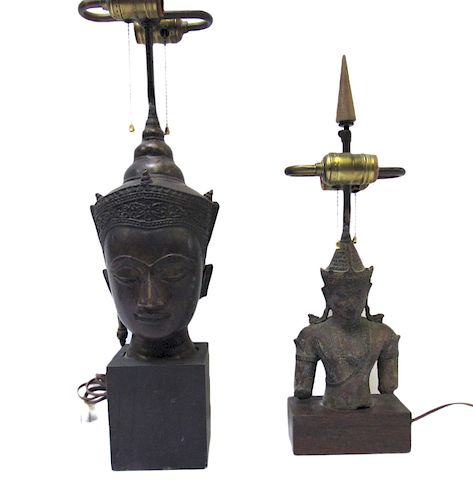 Two Thai Bronze Figures of Buddha as Lamps.
