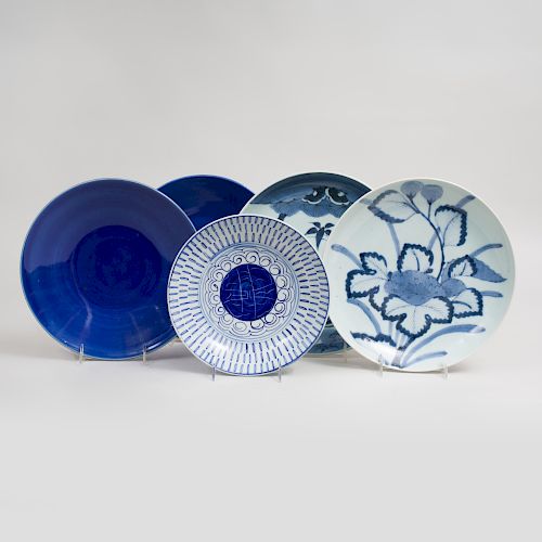 Set of Nine Chinese Blue Glazed Porcelain Plates and a Group of Ten Asian Blue and White Glazed Dishes