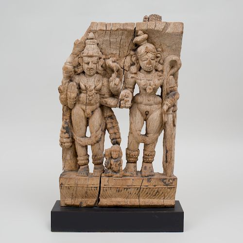 Indian Carved Wood Frieze Fragment of Deities