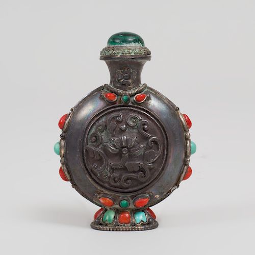 Chinese Silvered-Metal Snuff Bottle and Stopper Inset with Hardstones
