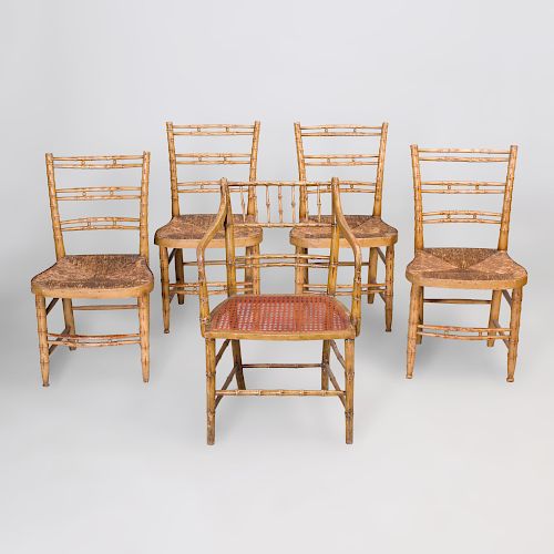 Four Regency Style Faux Bamboo Painted Chairs and a Regency faux Bamboo Armchair 