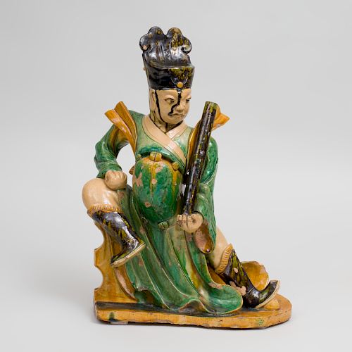 Chinese Ming Style Green and Ocre Glazed Pottery Figural Roof Tile