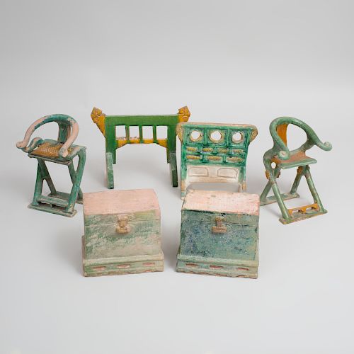 Group of Chinese Ming Style Green and Ocre Glazed Pottery Models of Furniture