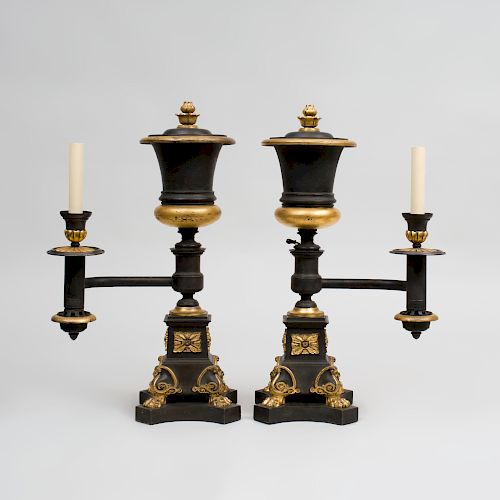 Pair of Regency Style Bronze and Parcel-Gilt Argand Lamps, J. & I. Cox