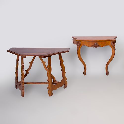 German Rococo Style Fruitwood Console Table and an Italian Baroque Style Walnut Console Table