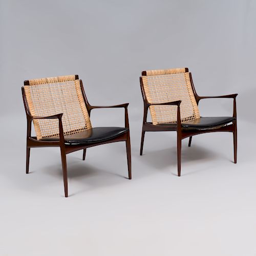 Pair of Modern Stained Wood and Caned Lounge Chairs 