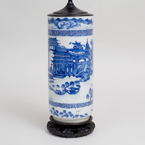 Chinese Blue and White Porcelain Cylindrical Vase, Mounted as a Lamp