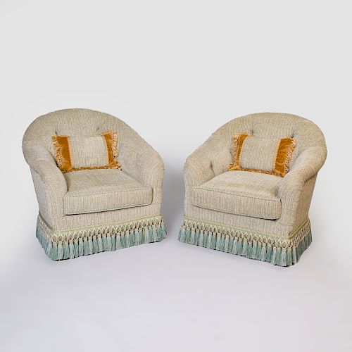 Pair of Green Chenile Tufted Upholstered Tub Chairs