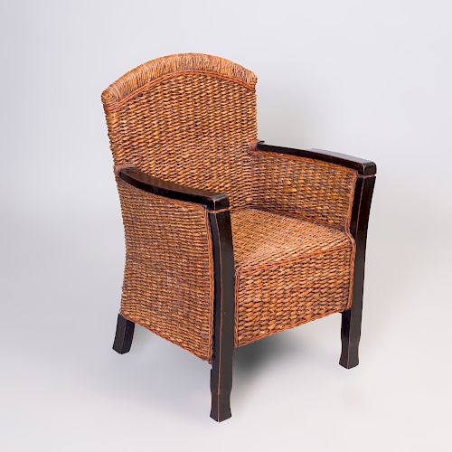 French Ebonized and Rattan Armchair