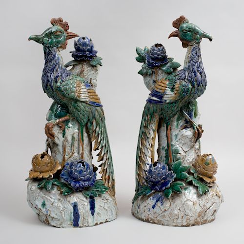 Pair of Large Chinese Polychrome Glazed Pottery Models of Phoenix