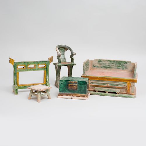 Group of Chinese Ming Style Green and Ocre Glazed Pottery Models of Furniture