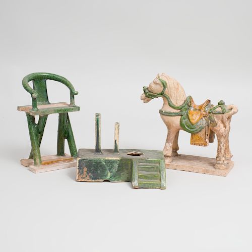 Chinese Ming Style Green and Ocre Glazed Pottery Horse, a Well Base and a Chair