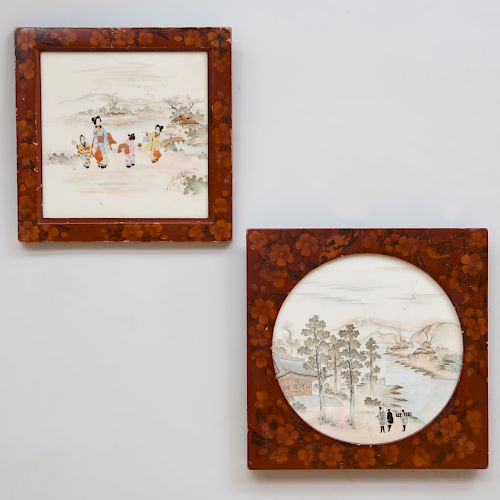 Two Japanese Porcelain Plaques in Lacquer Frames