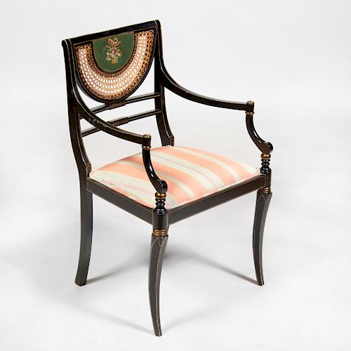 Regency Style Black Painted and Caned Armchair