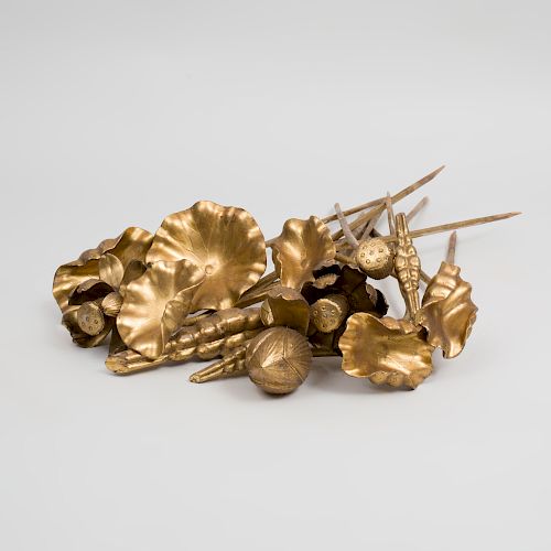 Group of Fourteen Japanese Carved Giltwood Models of Lotus Flowers