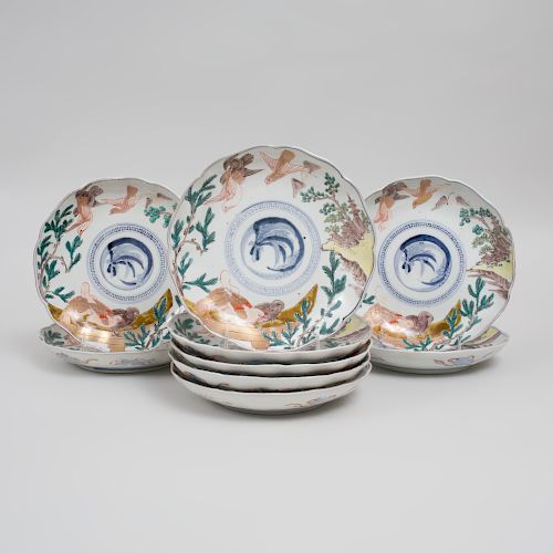 Set of Nine Japanese Porcelain Lobed Dishes