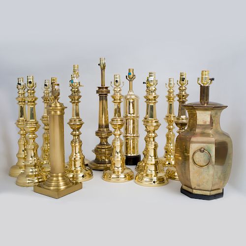Group of Fifteen Brass Lamps