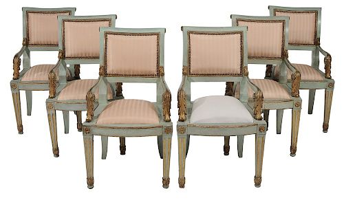 Set of Six Parcel Gilt and Painted Armchairs, Italy, c. 1800