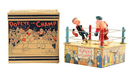 Marx Tin Litho and Celluloid Wind Up Popeye the Champ Boxing Toy with Box.