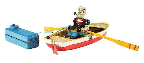 Japanese Linemar Tin Litho Battery-Operated Popeye in Rowboat.