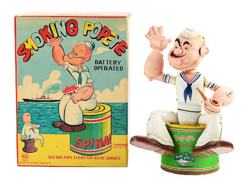 Linemar Tin Litho Battery Operated Smoking Popeye Toy with Box.