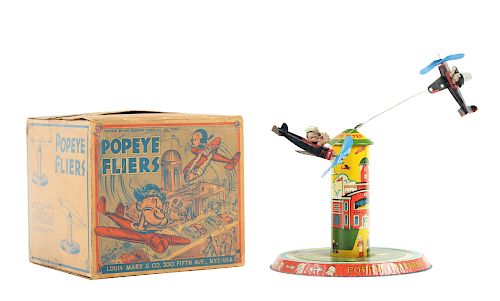 Marx Tin Litho Wind Up Popeye Fliers Toy with Box.