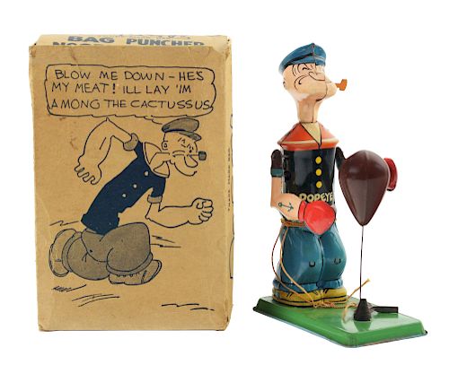 Chein Tin Litho Wind Up Popeye Floor Bag Puncher with Box.