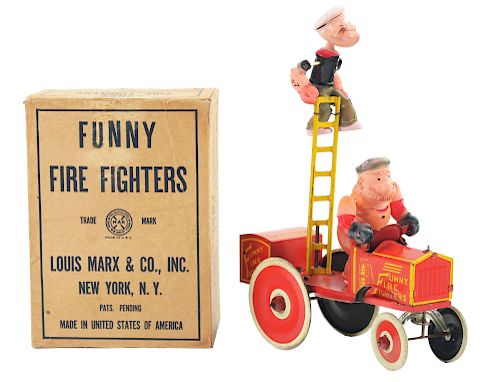 Scarce Marx Tin Litho and Celluloid Wind Up Popeye & Brutus Funny Fire Fighters Toy with Box.