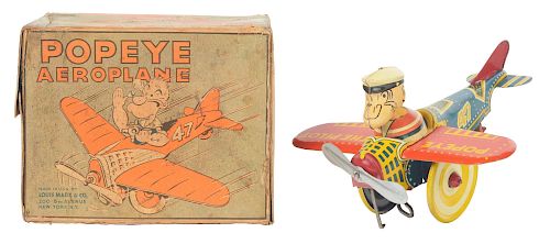 Marx Tin Litho Wind Up Popeye Aeroplane Toy with Box.