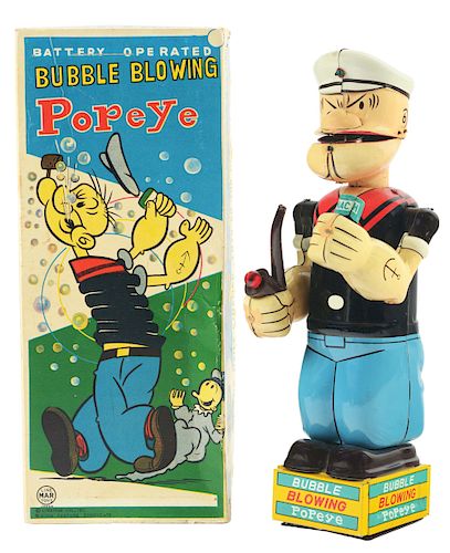 Linemar Tin Litho Battery Operated Bubble Blowing Popeye Toy with Box.