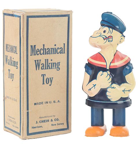 Chein Popeye Tin Litho Wind Up Mechanical Walking Toy With Box. 