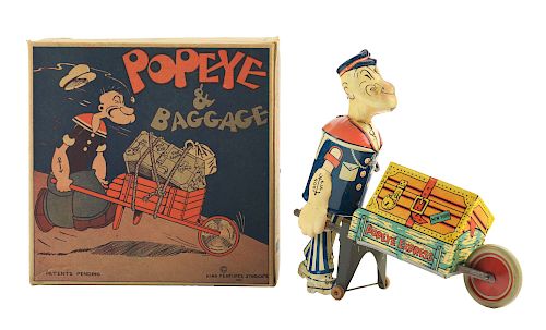 Marx Tin Litho Popeye & Baggage Toy with Box.