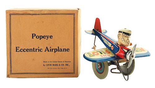 Marx Tin Litho Wind Up Popeye Eccentric Airplane with Box.
